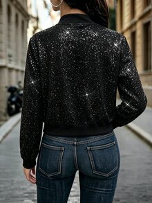 SHEIN LUNE 女款休閒優雅性感極簡閃粉黑銀色派對夜店夾克，秋季 - 黑色 - 查看 2
