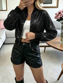 SHEIN LUNE 女款休閒優雅性感極簡閃粉黑銀色派對夜店夾克，秋季 - 黑色 - 查看 3