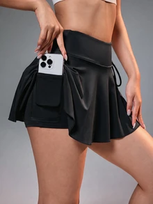 SHEIN Sports 女款休閒黑色高腰運動裙，開衩綁帶口袋裙 - 黑色 - 查看 1