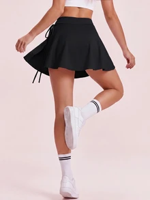 SHEIN Sports 女款休閒黑色高腰運動裙，開衩綁帶口袋裙 - 黑色 - 查看 4