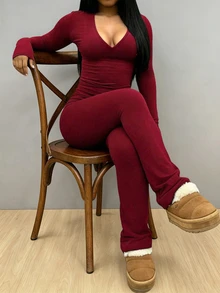 INAWLY Solva Women's Minimalist Long Sleeve Top And Pants Casual 2 Pieces Set - Burgundy - View 4