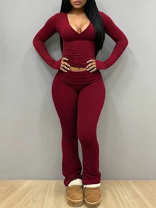 INAWLY Solva Women's Minimalist Long Sleeve Top And Pants Casual 2 Pieces Set - Burgundy - View 2