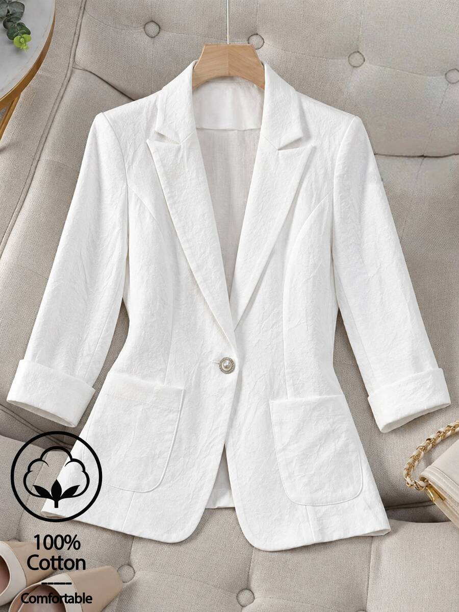Franclia Plus Size Smart White Single-Breasted Suit Jacket,Formal Business Office Casual Fall Outfits Women,Fall - White - View 1