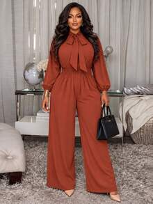 Poshavie Poshavie Plus Size Women's Elegant Long Sleeve Jumpsuit, Flowy Fabric With Ruched Waist, Loose Fit Slimming, Daily Commute Dating Office Party Brown Fall - Brown - View 3