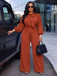 Poshavie Poshavie Plus Size Women's Elegant Long Sleeve Jumpsuit, Flowy Fabric With Ruched Waist, Loose Fit Slimming, Daily Commute Dating Office Party Brown Fall - Brown - View 1