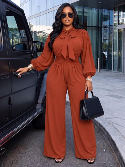 Poshavie Poshavie Plus Size Women's Elegant High-End Fashion Long Sleeve Jumpsuit, Flowy Comfortable Fabric With Ruched Waist, Loose Fit And Slimming, Suitable For Daily Commute, Shopping, Dating