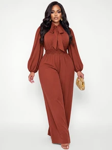 Poshavie Poshavie Plus Size Women's Elegant Long Sleeve Jumpsuit, Flowy Fabric With Ruched Waist, Loose Fit Slimming, Daily Commute Dating Office Party Brown Fall - Brown - View 5