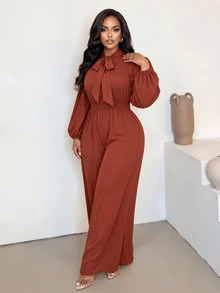 Poshavie Poshavie Plus Size Women's Elegant Long Sleeve Jumpsuit, Flowy Fabric With Ruched Waist, Loose Fit Slimming, Daily Commute Dating Office Party Brown Fall - Brown - View 4