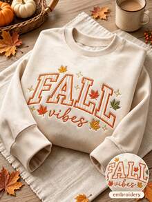 INAWLY Women's Letter Embroidery Pattern Casual Daily Long Sleeve Sweatshirt - Beige - View 1