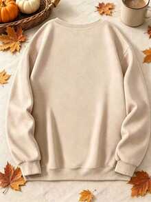 INAWLY Women's Letter Embroidery Pattern Casual Daily Long Sleeve Sweatshirt - Beige - View 2