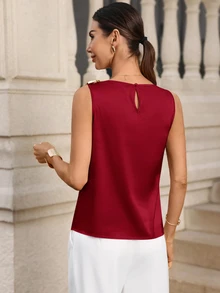 Editum Women's Regular Pleated Satin Sleeveless Blouse,Summer Top Work Dinner Bar Party Office Date Dark Red And Elegant Mature - Burgundy - View 2
