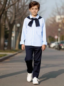 SHEIN Tween Boy Outfit: White Tropical Dressy Shirt, Navy Blue Pants, Shawl, School Vacation Autumn - Navy Blue - View 1