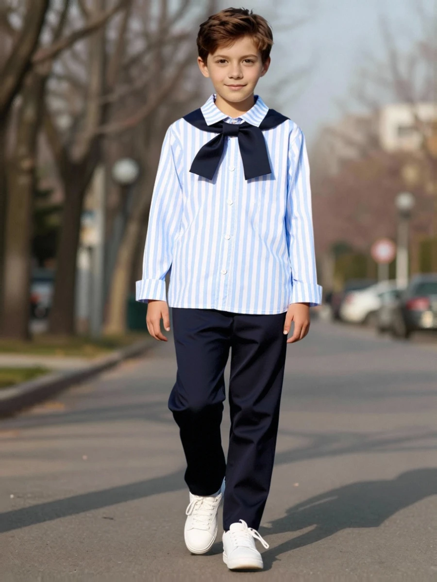 SHEIN Tween Boy Outfit: White Tropical Dressy Shirt, Navy Blue Pants, Shawl, School Vacation Autumn - Navy Blue - View 1