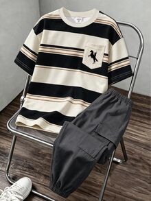 Young Boy Round Neck Short Sleeve Casual T-Shirt And Long Pants Set - Black - View 2