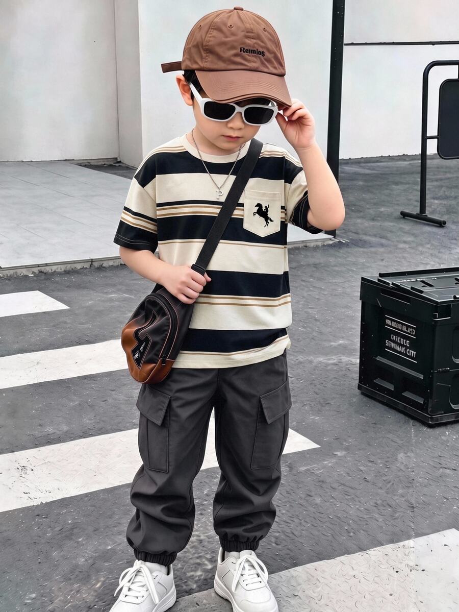 Young Boy Round Neck Short Sleeve Casual T-Shirt And Long Pants Set - Black - View 1