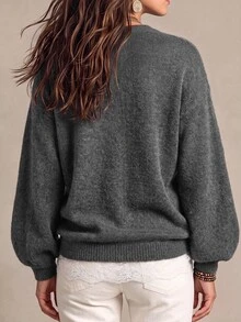 SHEIN Women's Lace Patchwork Casual Daily Long Sleeve Sweater - Grey - View 3