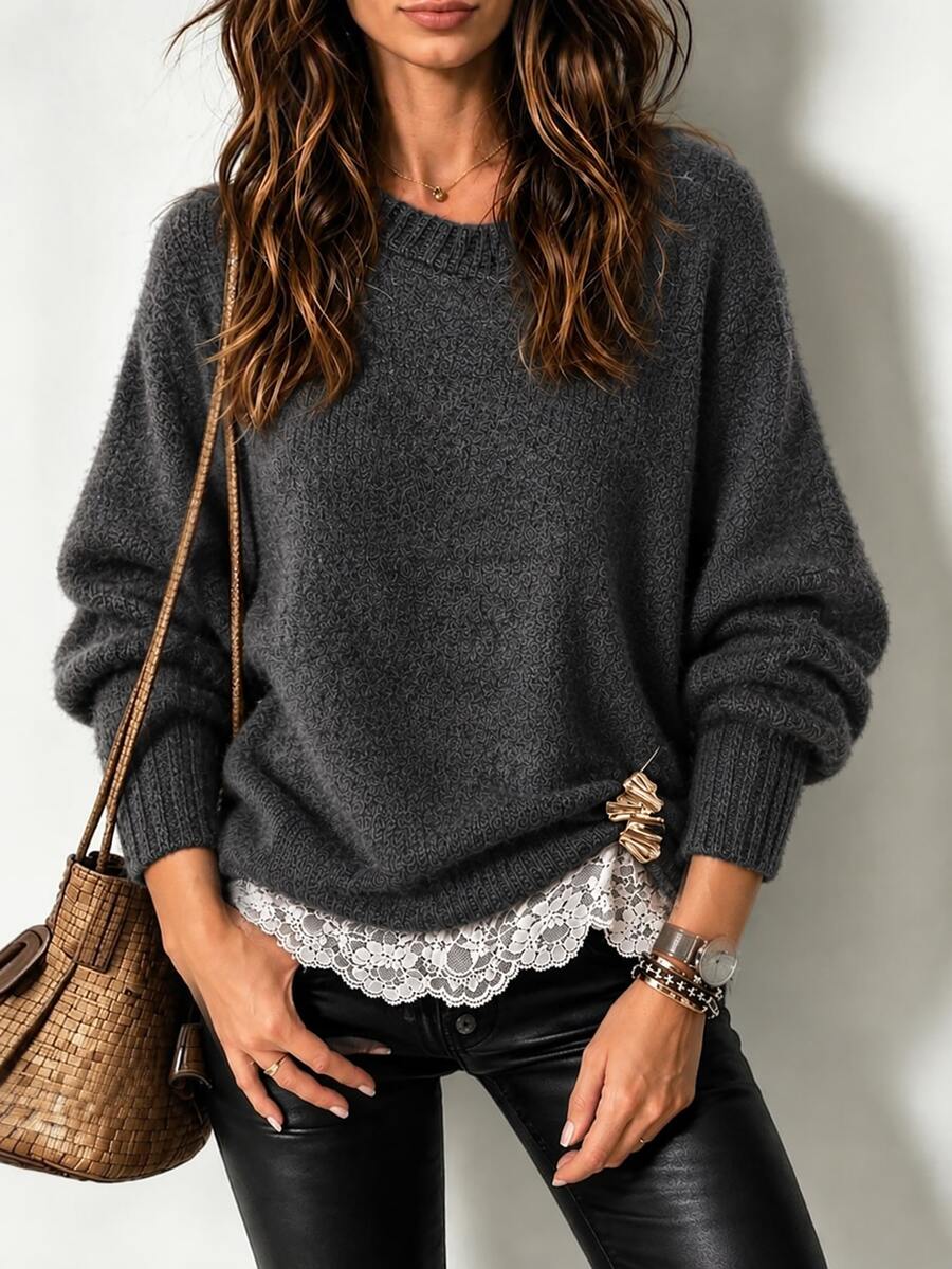 SHEIN Women's Lace Patchwork Casual Daily Long Sleeve Sweater