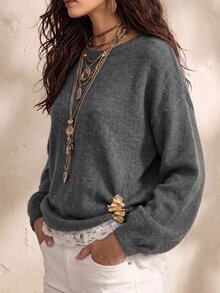 SHEIN Women's Lace Patchwork Casual Daily Long Sleeve Sweater - Grey - View 5