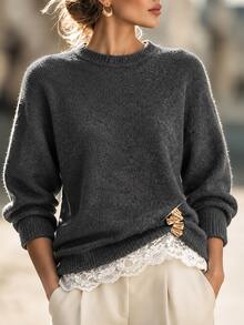 SHEIN Women's Lace Patchwork Casual Daily Long Sleeve Sweater - Grey - View 7