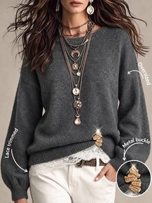 SHEIN Women's Lace Patchwork Casual Daily Long Sleeve Sweater - Grey - View 4