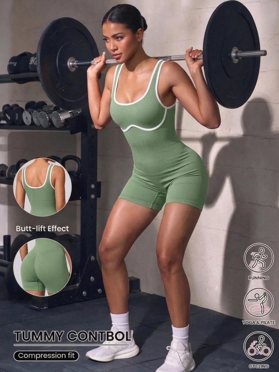 SHEIN Sports 女款細肩帶露背蜜桃臀皮拉提斯健身連身褲,空中瑜伽運動短褲,新款 - Limelight Green - 查看 1