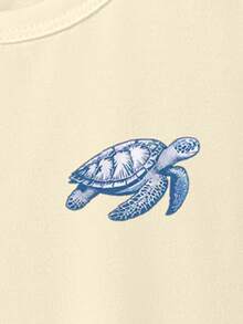 SHEIN Baby Boys' White Summer Casual Modest Graphic T-Shirt, Cute Cartoon Sea Turtle Wave Pattern Letter Slogan Print Basic Short Tee For Vacation, Beach - Black - View 4