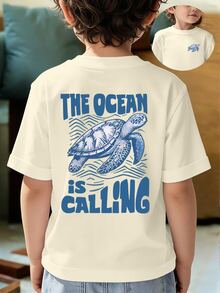 SHEIN Baby Boys' White Summer Casual Modest Graphic T-Shirt, Cute Cartoon Sea Turtle Wave Pattern Letter Slogan Print Basic Short Tee For Vacation, Beach - Black - View 8
