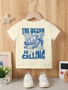 SHEIN Baby Boys' White Summer Casual Modest Graphic T-Shirt, Cute Cartoon Sea Turtle Wave Pattern Letter Slogan Print Basic Short Tee For Vacation, Beach - Black - View 9