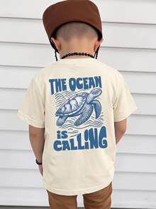 SHEIN Baby Boys' White Summer Casual Modest Graphic T-Shirt, Cute Cartoon Sea Turtle Wave Pattern Letter Slogan Print Basic Short Tee For Vacation, Beach - Black - View 2