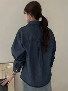 DAZY 淺洗藍色領口口袋寬鬆長袖牛仔襯衫 春夏秋季 - 藍色 - 查看 2