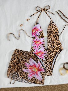 Sirith Printed Random Deep V-Neck Ruched Sexy Beach Vacation Bikini Swimsuit One-Piece With Bodycon Skirt - Multicolor - View 5