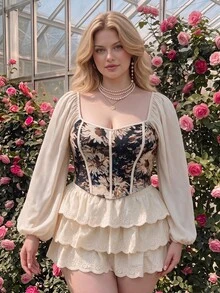 SHEIN MOD Plus Size Vintage Print Patchwork Chiffon Blouse, Early Autumn Outfit, Vintage Style, Romantic Print Top Fall - Multicolor - View 1