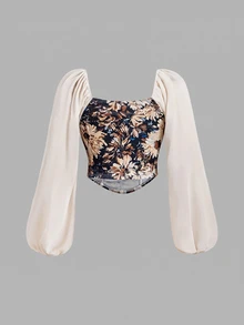 SHEIN MOD Plus Size Vintage Print Patchwork Chiffon Blouse, Early Autumn Outfit, Vintage Style, Romantic Print Top Fall - Multicolor - View 3