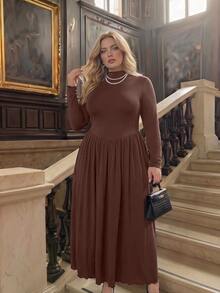 SHEIN MOD Plus Size Elegant Solid Color Stand Collar Dress Fall - Brown - View 8