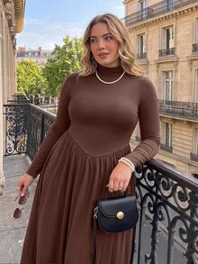 SHEIN MOD Plus Size Elegant Solid Color Stand Collar Dress Fall - Brown - View 7