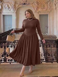 SHEIN MOD Plus Size Elegant Solid Color Stand Collar Dress Fall - Brown - View 6