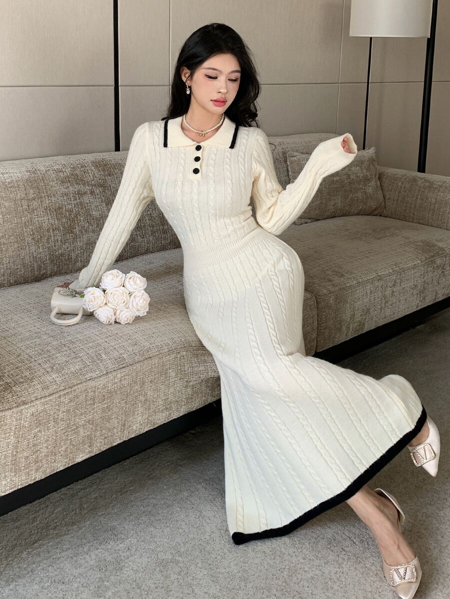 Modelyn 女款拼色 Polo 領長袖麻花編織優雅法式洋裝,黑白配色,適合早午餐與秋季穿著 - 杏色 - 查看 1