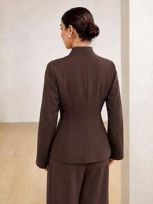 Graceveil Elegant New Chinese Style Frog Button Stand Collar Waist-Cinching Blazer Office Dark Brown Fall - Brown - View 3