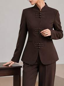 Graceveil Elegant New Chinese Style Frog Button Stand Collar Waist-Cinching Blazer Office Dark Brown Fall - Brown - View 6