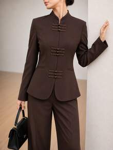 Graceveil Elegant New Chinese Style Frog Button Stand Collar Waist-Cinching Blazer Office Dark Brown Fall - Brown - View 2
