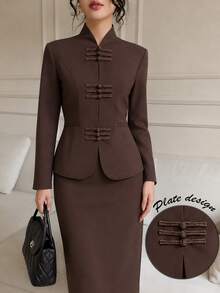 Graceveil Elegant New Chinese Style Frog Button Stand Collar Waist-Cinching Blazer Office Dark Brown Fall - Brown - View 4