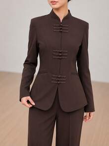 Graceveil Elegant New Chinese Style Frog Button Stand Collar Waist-Cinching Blazer Office Dark Brown Fall - Brown - View 5