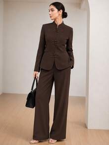 Graceveil Elegant New Chinese Style Frog Button Stand Collar Waist-Cinching Blazer Office Dark Brown Fall - Brown - View 7
