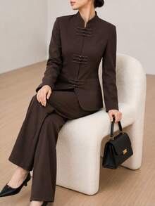 Graceveil Elegant New Chinese Style Frog Button Stand Collar Waist-Cinching Blazer Office Dark Brown Fall - Brown - View 8
