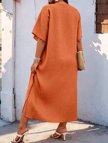 Weeklong Plus Size Women's V-Neck Raglan Sleeve Applique Loose Dress, Suitable For Daily Wear And Vacation Elegant - Orange - View 2