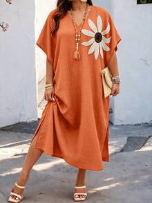 Weeklong Plus Size Women's V-Neck Raglan Sleeve Applique Loose Dress, Suitable For Daily Wear And Vacation Elegant - Orange - View 5