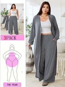 Solflare Ropa de invierno Talla grande Conjunto minimalista casual elegante Camiseta de tirantes, pantalones holgados y cárdigan de manga larga 3 piezas Conjunto para estar en casa Gris blanco Otoño - Gris Claro - Ver 6
