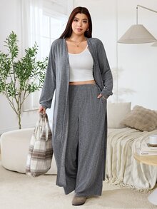 Solflare Ropa de invierno Talla grande Conjunto minimalista casual elegante Camiseta de tirantes, pantalones holgados y cárdigan de manga larga 3 piezas Conjunto para estar en casa Gris blanco Otoño - Gris Claro - Ver 3