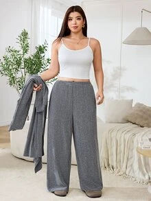 Solflare Ropa de invierno Talla grande Conjunto minimalista casual elegante Camiseta de tirantes, pantalones holgados y cárdigan de manga larga 3 piezas Conjunto para estar en casa Gris blanco Otoño - Gris Claro - Ver 5