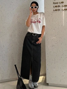 DAZY 女款秋季做舊水洗褪色長開衩口袋牛仔裙 - 藍色 - 查看 6
